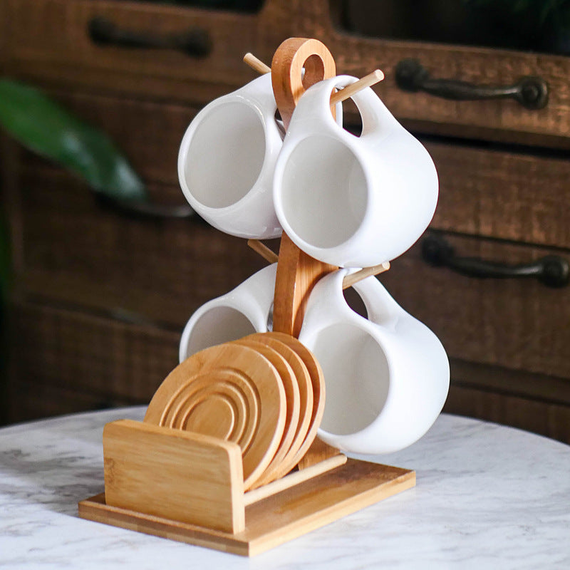 Six-piece Ceramic Cup Set with Holder and Coasters